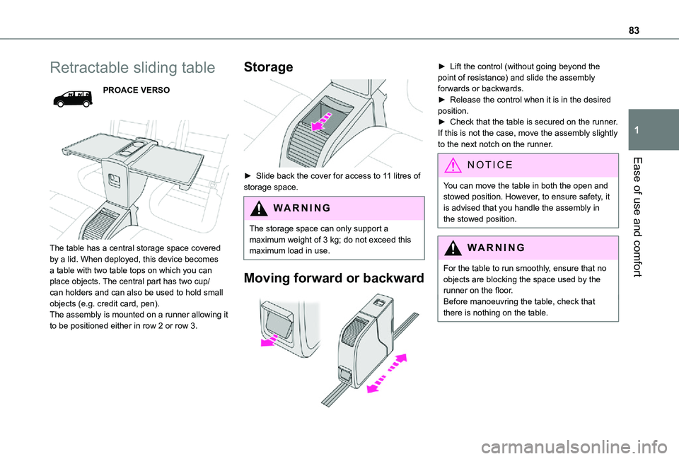 TOYOTA PROACE EV 2021  Owners Manual 83
Ease of use and comfort
1
Retractable sliding table
PROACE VERSO
 
 
The table has a central storage space covered by a lid. When deployed, this device becomes a table with two table tops on which 