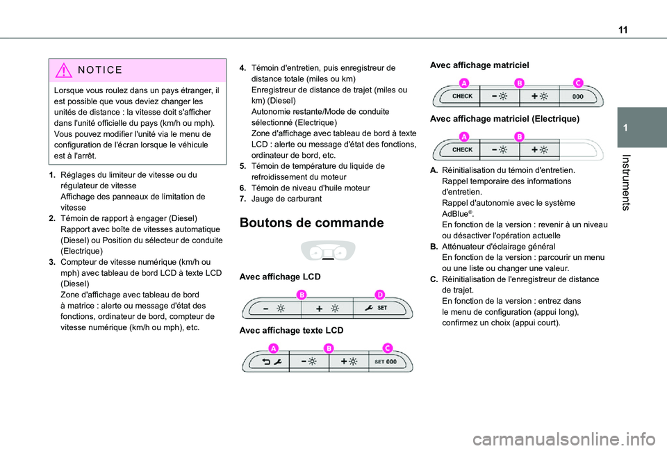 TOYOTA PROACE EV 2021  Notices Demploi (in French) 11
Instruments
1
NOTIC E
Lorsque vous roulez dans un pays étranger, il est possible que vous deviez changer les unités de distance : la vitesse doit s'afficher dans l'unité officielle du pa