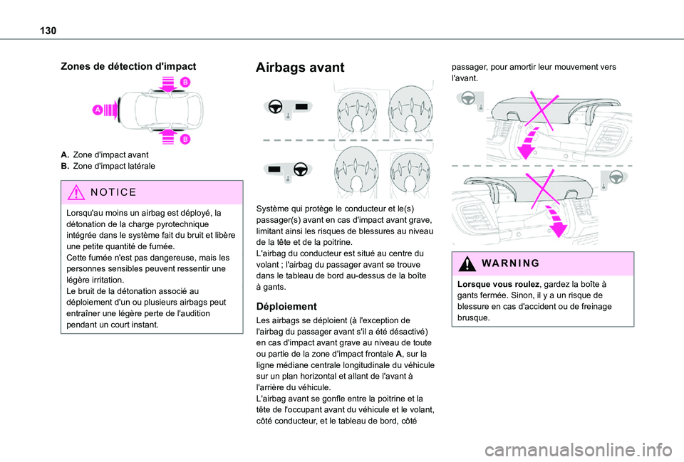 TOYOTA PROACE EV 2021 Notices Demploi (in French) 130
Zones de détection d'impact
A.Zone d'impact avant
B.Zone d'impact latérale
NOTIC E
Lorsqu'au moins un airbag est déployé, la détonation de la charge pyrotechnique intégrée d TOYOTA PROACE EV 2021 Notices Demploi (in French) 130
Zones de détection d'impact
A.Zone d'impact avant
B.Zone d'impact latérale
NOTIC E
Lorsqu'au moins un airbag est déployé, la détonation de la charge pyrotechnique intégrée d