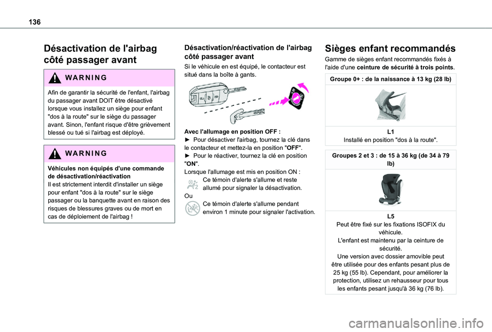 TOYOTA PROACE EV 2021 Notices Demploi (in French) 136
Désactivation de l'airbag
côté passager avant
WARNI NG
Afin de garantir la sécurité de l'enfant, l'airbag du passager avant DOIT être désactivé lorsque vous installez un sièg TOYOTA PROACE EV 2021 Notices Demploi (in French) 136
Désactivation de l'airbag
côté passager avant
WARNI NG
Afin de garantir la sécurité de l'enfant, l'airbag du passager avant DOIT être désactivé lorsque vous installez un sièg