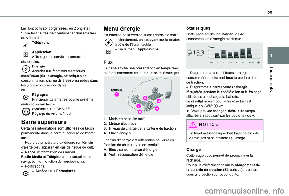 TOYOTA PROACE EV 2021  Notices Demploi (in French) 29
Instruments
1
Les fonctions sont organisées en 2 onglets : "Fonctionnalités de conduite" et "Paramètres du véhicule".Téléphone 
ApplicationAffichage des services connectés di