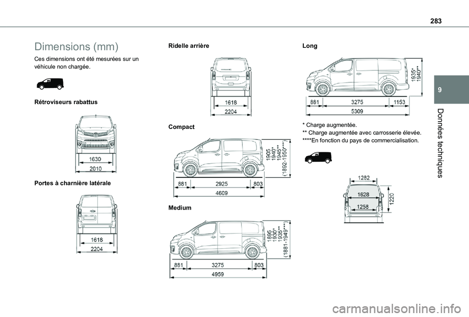 TOYOTA PROACE EV 2021 Notices Demploi (in French) 283
Données techniques
9
Dimensions (mm)
Ces dimensions ont été mesurées sur un véhicule non chargée.
Rétroviseurs rabattus
Portes à charnière latérale
Ridelle arrière
Compact
TOYOTA PROACE EV 2021 Notices Demploi (in French) 283
Données techniques
9
Dimensions (mm)
Ces dimensions ont été mesurées sur un véhicule non chargée.
Rétroviseurs rabattus
Portes à charnière latérale
Ridelle arrière
Compact