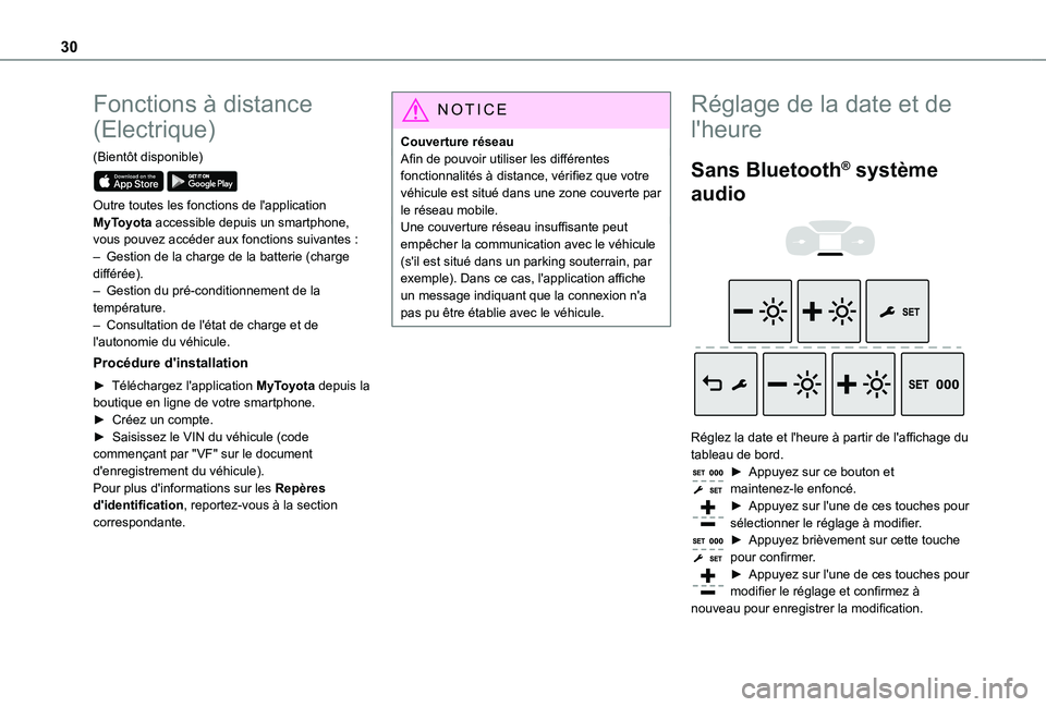 TOYOTA PROACE EV 2021  Notices Demploi (in French) 30
Fonctions à distance 
(Electrique)
(Bientôt disponible) 
 
Outre toutes les fonctions de l'application MyToyota accessible depuis un smartphone, vous pouvez accéder aux fonctions suivantes :