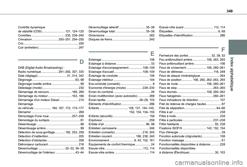 TOYOTA PROACE EV 2021 Notices Demploi (in French) 349
Index alphabétique
Contrôle dynamique de stabilité (CDS) 121, 124–125Contrôles 235, 238–240Crevaison 250–251, 254–255Cric 255Cuir (entretien) 247
D
DAB (Digital Audio Broadc TOYOTA PROACE EV 2021 Notices Demploi (in French) 349
Index alphabétique
Contrôle dynamique de stabilité (CDS) 121, 124–125Contrôles 235, 238–240Crevaison 250–251, 254–255Cric 255Cuir (entretien) 247
D
DAB (Digital Audio Broadc