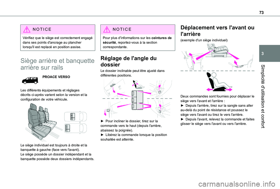 TOYOTA PROACE EV 2021 Notices Demploi (in French) 73
Simplicité d'utilisation et confort
3
NOTIC E
Vérifiez que le siège est correctement engagé dans ses points d'ancrage au plancher lorsqu'il est replacé en position assise.
Siège a TOYOTA PROACE EV 2021 Notices Demploi (in French) 73
Simplicité d'utilisation et confort
3
NOTIC E
Vérifiez que le siège est correctement engagé dans ses points d'ancrage au plancher lorsqu'il est replacé en position assise.
Siège a