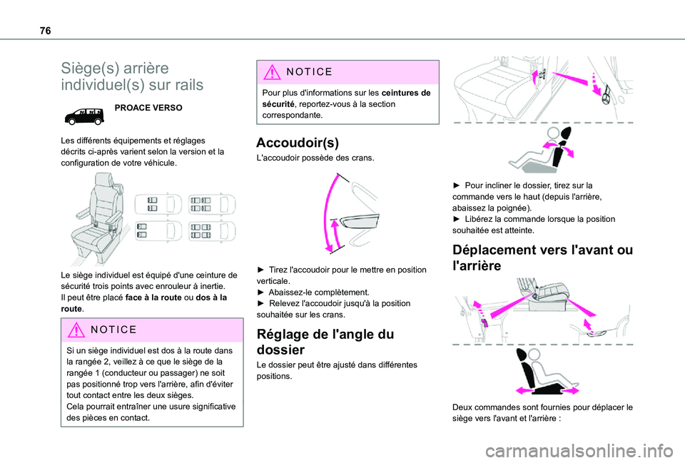 TOYOTA PROACE EV 2021 Notices Demploi (in French) 76
Siège(s) arrière
individuel(s) sur rails
PROACE VERSO
Les différents équipements et réglages décrits ci-après varient selon la version et la configuration de votre véhicule.
Le siège i TOYOTA PROACE EV 2021 Notices Demploi (in French) 76
Siège(s) arrière
individuel(s) sur rails
PROACE VERSO
Les différents équipements et réglages décrits ci-après varient selon la version et la configuration de votre véhicule.
Le siège i