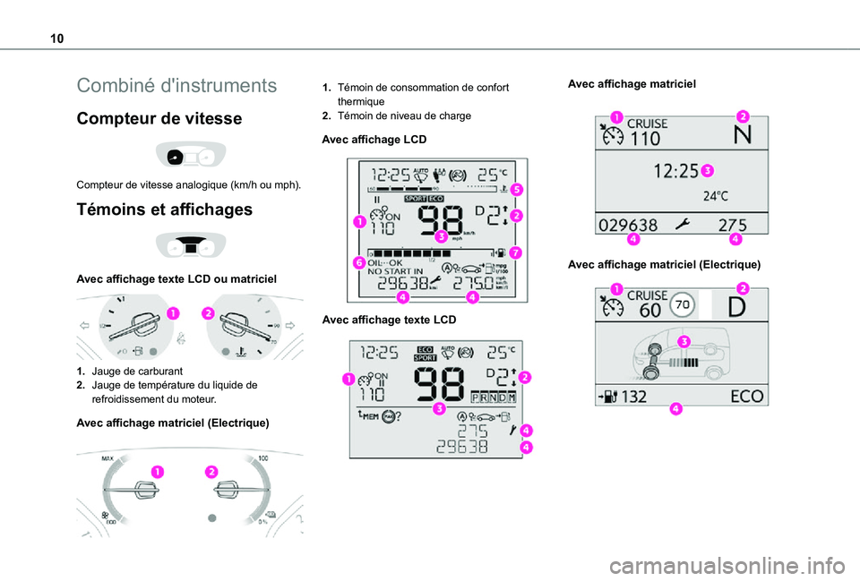 TOYOTA PROACE EV 2021  Notices Demploi (in French) 10
Combiné d'instruments
Compteur de vitesse 
 
Compteur de vitesse analogique (km/h ou mph).
Témoins et affichages 
 
Avec affichage texte LCD ou matriciel 
 
1.Jauge de carburant
2.Jauge de te