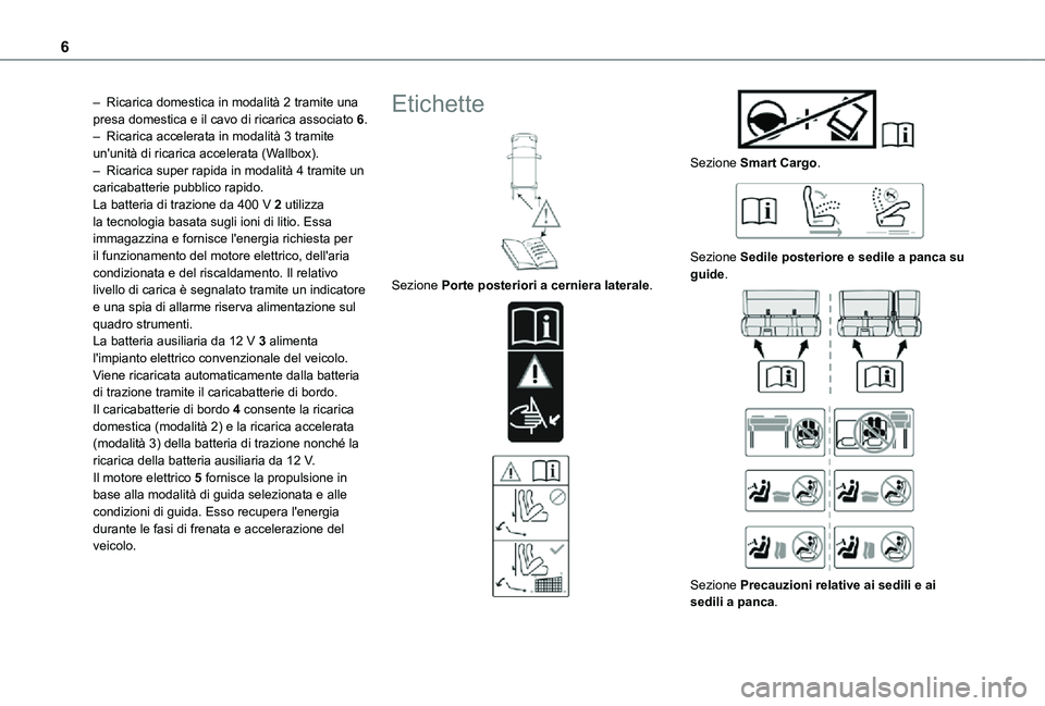 TOYOTA PROACE EV 2021  Manuale duso (in Italian) 6
– Ricarica domestica in modalità 2 tramite una presa domestica e il cavo di ricarica associato 6.– Ricarica accelerata in modalità 3 tramite un'unità di ricarica accelerata (Wallbox).– 