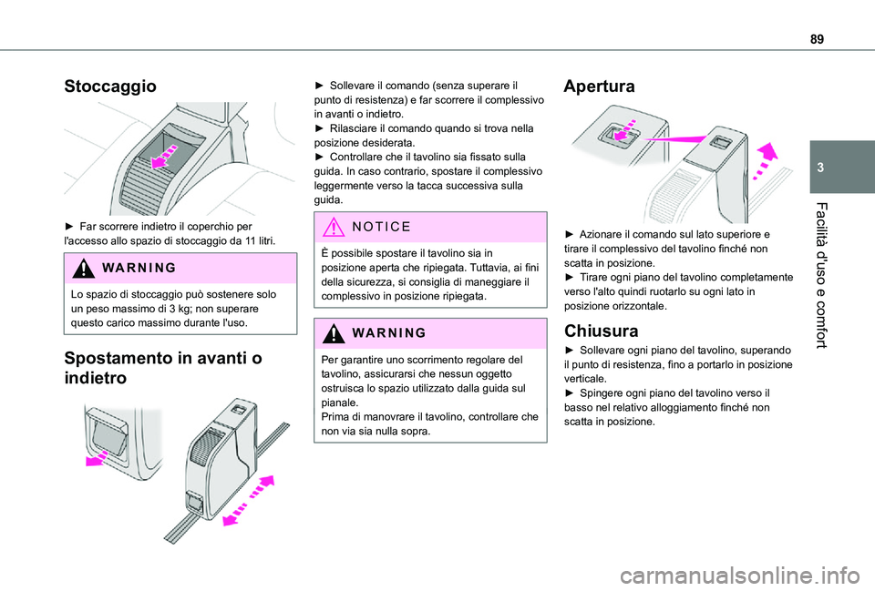 TOYOTA PROACE EV 2021  Manuale duso (in Italian) 89
Facilità d'uso e comfort
3
Stoccaggio 
 
► Far scorrere indietro il coperchio per l'accesso allo spazio di stoccaggio da 11 litri.
WARNI NG
Lo spazio di stoccaggio può sostenere solo un