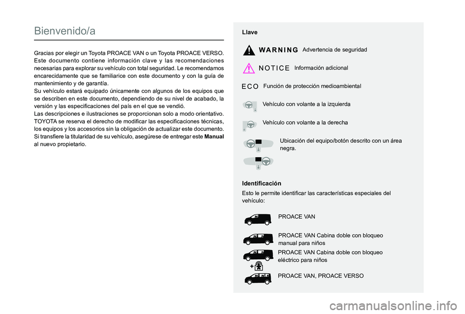 TOYOTA PROACE EV 2021  Manuale de Empleo (in Spanish)  
  
 
  
 
  
  
  
  
   
   
 
  
   
   
   
Bienvenido/a
Gracias por elegir un Toyota PROACE VAN o un Toyota PROACE VERSO.Este documento contiene información clave y las recomendaciones necesari