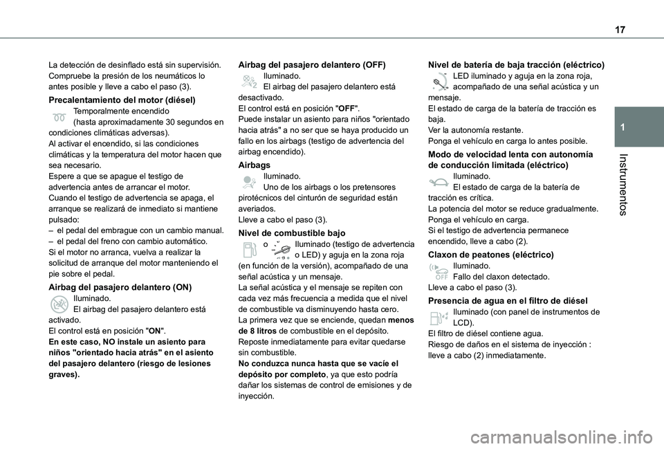 TOYOTA PROACE EV 2021 Manuale de Empleo (in Spanish) 17
Instrumentos
1
La detección de desinflado está sin supervisión.Compruebe la presión de los neumáticos lo antes posible y lleve a cabo el paso (3).
Precalentamiento del motor (diésel)Temporalm TOYOTA PROACE EV 2021 Manuale de Empleo (in Spanish) 17
Instrumentos
1
La detección de desinflado está sin supervisión.Compruebe la presión de los neumáticos lo antes posible y lleve a cabo el paso (3).
Precalentamiento del motor (diésel)Temporalm