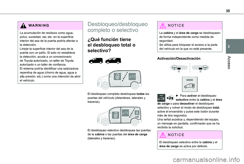 TOYOTA PROACE EV 2021 Manuale de Empleo (in Spanish) 35
Acceso
2
WARNI NG
La acumulación de residuos como agua, polvo, suciedad, sal, etc. en la superficie interior del asa de la puerta podrÃa afectar a la detección.Limpie la superficie interior del TOYOTA PROACE EV 2021 Manuale de Empleo (in Spanish) 35
Acceso
2
WARNI NG
La acumulación de residuos como agua, polvo, suciedad, sal, etc. en la superficie interior del asa de la puerta podrÃa afectar a la detección.Limpie la superficie interior del