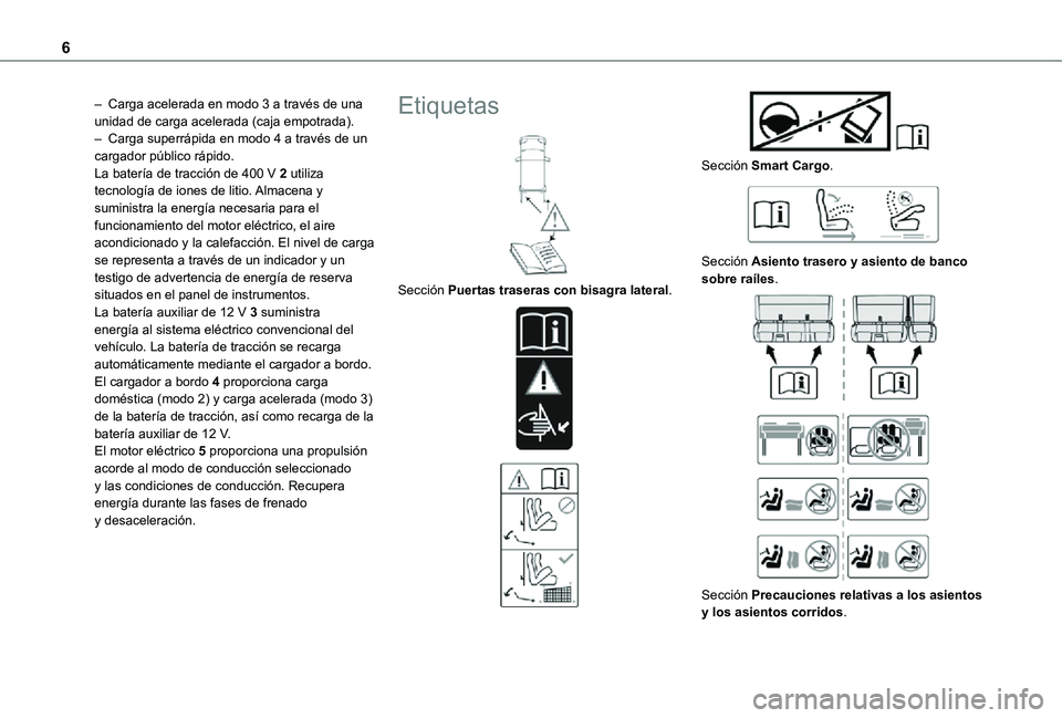 TOYOTA PROACE EV 2021 Manuale de Empleo (in Spanish) 6
– Carga acelerada en modo 3 a través de una unidad de carga acelerada (caja empotrada).– Carga superrápida en modo 4 a través de un cargador público rápido.La batería de tracción de 400 V TOYOTA PROACE EV 2021 Manuale de Empleo (in Spanish) 6
– Carga acelerada en modo 3 a través de una unidad de carga acelerada (caja empotrada).– Carga superrápida en modo 4 a través de un cargador público rápido.La batería de tracción de 400 V