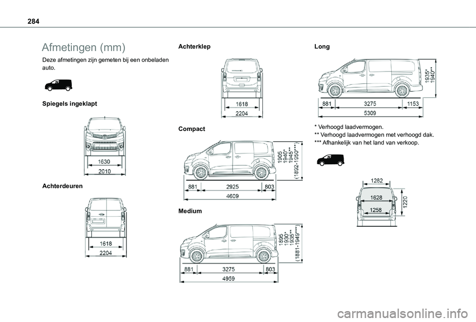 TOYOTA PROACE EV 2021 Instructieboekje (in Dutch) 284
Afmetingen (mm)
Deze afmetingen zijn gemeten bij een onbeladen auto.
Spiegels ingeklapt
Achterdeuren
Achterklep
Compact
Medium
Long
* Verhoogd laadvermogen.** Verhoogd laadver TOYOTA PROACE EV 2021 Instructieboekje (in Dutch) 284
Afmetingen (mm)
Deze afmetingen zijn gemeten bij een onbeladen auto.
Spiegels ingeklapt
Achterdeuren
Achterklep
Compact
Medium
Long
* Verhoogd laadvermogen.** Verhoogd laadver
