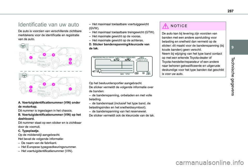 TOYOTA PROACE EV 2021 Instructieboekje (in Dutch) 287
Technische gegevens
9
Identificatie van uw auto
De auto is voorzien van verschillende zichtbare merktekens voor de identificatie en registratie van de auto.
A. Voertuigidentificatienummer (VIN) TOYOTA PROACE EV 2021 Instructieboekje (in Dutch) 287
Technische gegevens
9
Identificatie van uw auto
De auto is voorzien van verschillende zichtbare merktekens voor de identificatie en registratie van de auto.
A. Voertuigidentificatienummer (VIN)