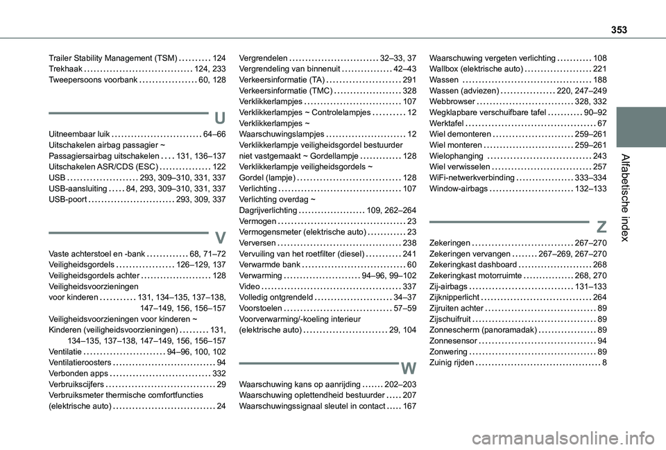 TOYOTA PROACE EV 2021 Instructieboekje (in Dutch) 353
Alfabetische index
Trailer Stability Management (TSM) 124Trekhaak 124, 233Tweepersoons voorbank 60, 128
U
Uitneembaar luik 64–66Uitschakelen airbag passagier ~ Passagiersairbag uitschake TOYOTA PROACE EV 2021 Instructieboekje (in Dutch) 353
Alfabetische index
Trailer Stability Management (TSM) 124Trekhaak 124, 233Tweepersoons voorbank 60, 128
U
Uitneembaar luik 64–66Uitschakelen airbag passagier ~ Passagiersairbag uitschake