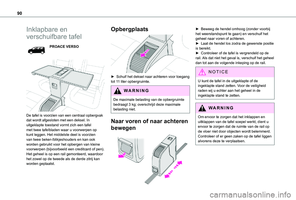 TOYOTA PROACE EV 2021  Instructieboekje (in Dutch) 90
Inklapbare en 
verschuifbare tafel
PROACE VERSO
 
 
De tafel is voorzien van een centraal opbergvak dat wordt afgesloten met een deksel. In uitgeklapte toestand vormt zich een tafel met twee tafelb