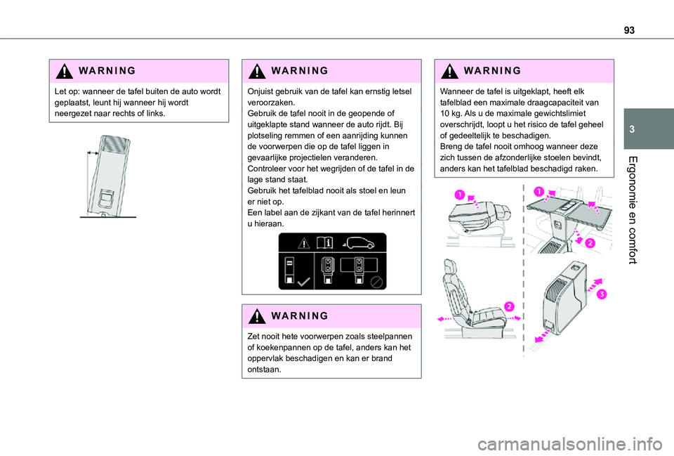 TOYOTA PROACE EV 2021  Instructieboekje (in Dutch) 93
Ergonomie en comfort
3
WARNI NG
Let op: wanneer de tafel buiten de auto wordt geplaatst, leunt hij wanneer hij wordt neergezet naar rechts of links.
 
 
WARNI NG
Onjuist gebruik van de tafel kan er