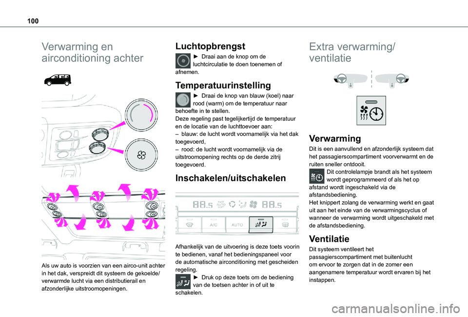 TOYOTA PROACE EV 2021  Instructieboekje (in Dutch) 100
Verwarming en 
airconditioning achter 
  
 
Als uw auto is voorzien van een airco-unit achter in het dak, verspreidt dit systeem de gekoelde/verwarmde lucht via een distributierail en afzonderlijk