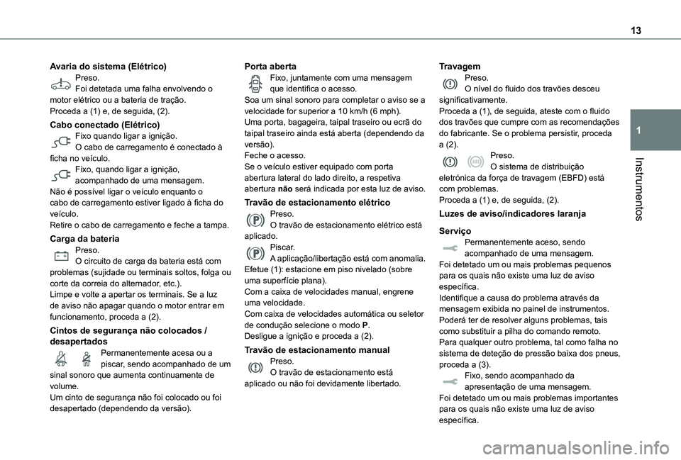 TOYOTA PROACE EV 2021 Manual de utilização (in Portuguese) 13
Instrumentos
1
Avaria do sistema (Elétrico)Preso.Foi detetada uma falha envolvendo o motor elétrico ou a bateria de tração.Proceda a (1) e, de seguida, (2).
Cabo conectado (Elétrico)Fixo quand TOYOTA PROACE EV 2021 Manual de utilização (in Portuguese) 13
Instrumentos
1
Avaria do sistema (Elétrico)Preso.Foi detetada uma falha envolvendo o motor elétrico ou a bateria de tração.Proceda a (1) e, de seguida, (2).
Cabo conectado (Elétrico)Fixo quand