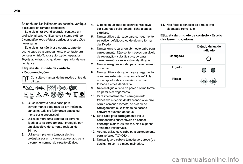 TOYOTA PROACE EV 2021 Manual de utilização (in Portuguese) 218
Se nenhuma luz indicadora se acender, verifique o disjuntor da tomada doméstica:– Se o disjuntor tiver disparado, contacte um profissional para verificar se o sistema elétrico é compatível e TOYOTA PROACE EV 2021 Manual de utilização (in Portuguese) 218
Se nenhuma luz indicadora se acender, verifique o disjuntor da tomada doméstica:– Se o disjuntor tiver disparado, contacte um profissional para verificar se o sistema elétrico é compatível e