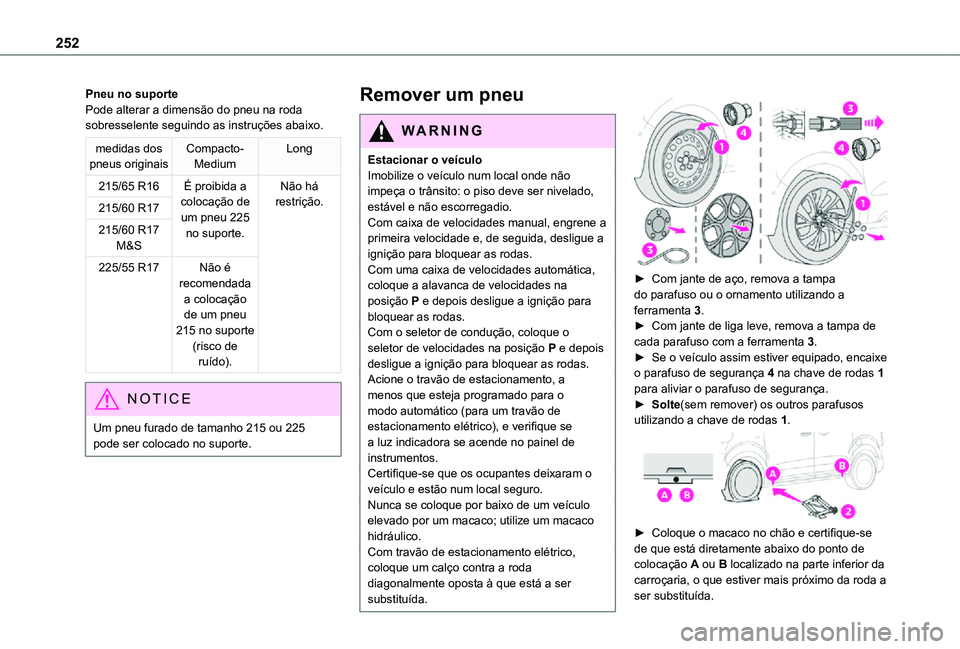 TOYOTA PROACE EV 2021 Manual de utilização (in Portuguese) 252
Pneu no suportePode alterar a dimensão do pneu na roda sobresselente seguindo as instruções abaixo.
medidas dos pneus originaisCompacto-MediumLong
215/65 R16É proibida a colocação de um pneu TOYOTA PROACE EV 2021 Manual de utilização (in Portuguese) 252
Pneu no suportePode alterar a dimensão do pneu na roda sobresselente seguindo as instruções abaixo.
medidas dos pneus originaisCompacto-MediumLong
215/65 R16É proibida a colocação de um pneu