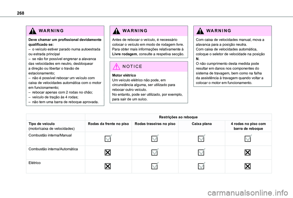TOYOTA PROACE EV 2021 Manual de utilização (in Portuguese) 268
WARNI NG
Deve chamar um profissional devidamente qualificado se:– o veÃculo estiver parado numa autoestrada ou estrada principal– se não for possÃvel engrenar a alavanca das velocidades em TOYOTA PROACE EV 2021 Manual de utilização (in Portuguese) 268
WARNI NG
Deve chamar um profissional devidamente qualificado se:– o veÃculo estiver parado numa autoestrada ou estrada principal– se não for possÃvel engrenar a alavanca das velocidades em