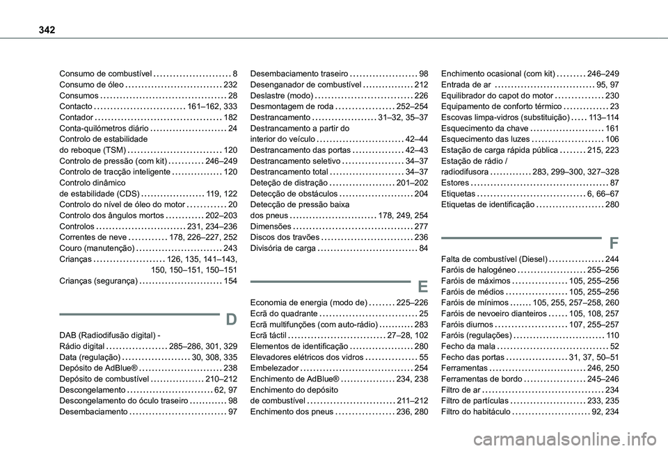 TOYOTA PROACE EV 2021 Manual de utilização (in Portuguese) 342
Consumo de combustível 8Consumo de óleo 232Consumos 28Contacto 161–162, 333Contador 182Conta-quilómetros diário 24Controlo de estabilidade do reboque (TSM) 120Controlo de pres TOYOTA PROACE EV 2021 Manual de utilização (in Portuguese) 342
Consumo de combustível 8Consumo de óleo 232Consumos 28Contacto 161–162, 333Contador 182Conta-quilómetros diário 24Controlo de estabilidade do reboque (TSM) 120Controlo de pres