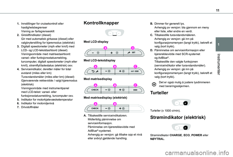 TOYOTA PROACE EV 2021 Instruksjoner for bruk (in Norwegian) 11
Instrumenter
1
1.Innstillinger for cruisekontroll eller hastighetsbegrenserVisning av fartsgrenseskilt
2.Girskiftindikator (diesel)Gir med automatisk girkasse (diesel) eller valgbryterstilling for TOYOTA PROACE EV 2021 Instruksjoner for bruk (in Norwegian) 11
Instrumenter
1
1.Innstillinger for cruisekontroll eller hastighetsbegrenserVisning av fartsgrenseskilt
2.Girskiftindikator (diesel)Gir med automatisk girkasse (diesel) eller valgbryterstilling for