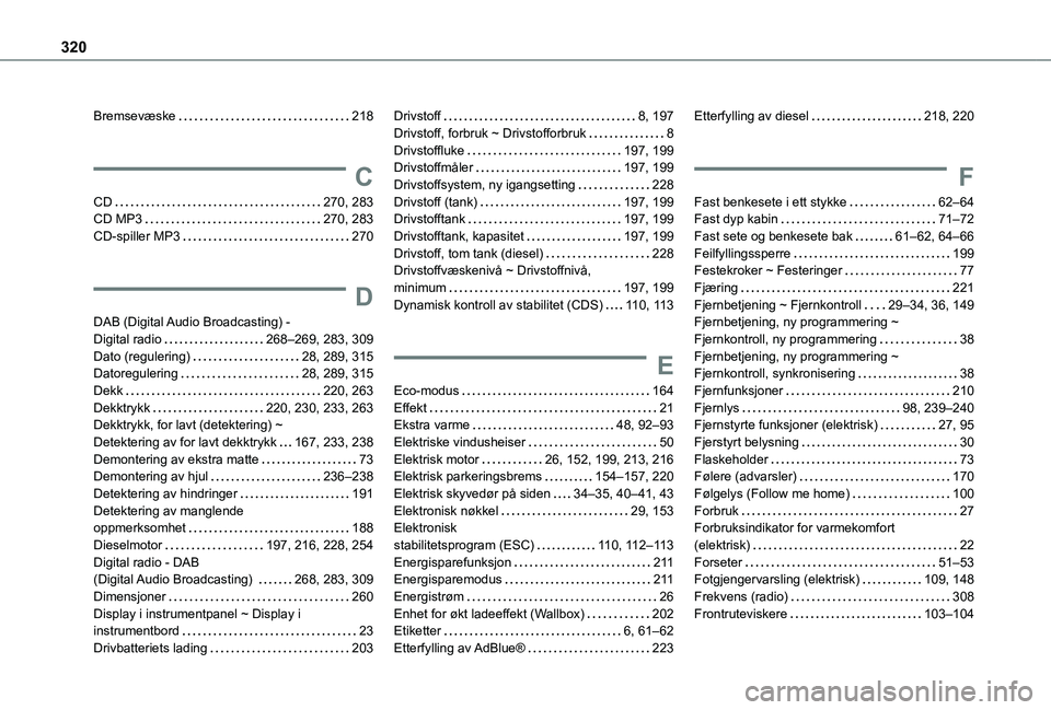 TOYOTA PROACE EV 2021  Instruksjoner for bruk (in Norwegian) 320
Bremsevæske   218
C
CD   270, 283CD MP3   270, 283CD-spiller MP3   270
D
DAB (Digital Audio Broadcasting) -  Digital radio   268–269, 283, 309Dato (regulering)   28, 289, 315Datoregulering   28 TOYOTA PROACE EV 2021  Instruksjoner for bruk (in Norwegian) 320
Bremsevæske   218
C
CD   270, 283CD MP3   270, 283CD-spiller MP3   270
D
DAB (Digital Audio Broadcasting) -  Digital radio   268–269, 283, 309Dato (regulering)   28, 289, 315Datoregulering   28