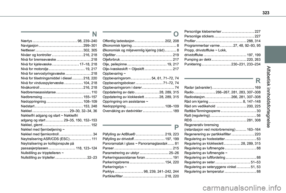 TOYOTA PROACE EV 2021 Instruksjoner for bruk (in Norwegian) 323
Alfabetisk innholdsfortegnelse
N
Nærlys 98, 239–240Navigasjon 299–301Nettleser 302, 305Nivåer og kontroller 216, 218Nivå for bremsevæske 218Nivå for kjølevæske 17–18, 218N TOYOTA PROACE EV 2021 Instruksjoner for bruk (in Norwegian) 323
Alfabetisk innholdsfortegnelse
N
Nærlys 98, 239–240Navigasjon 299–301Nettleser 302, 305Nivåer og kontroller 216, 218Nivå for bremsevæske 218Nivå for kjølevæske 17–18, 218N