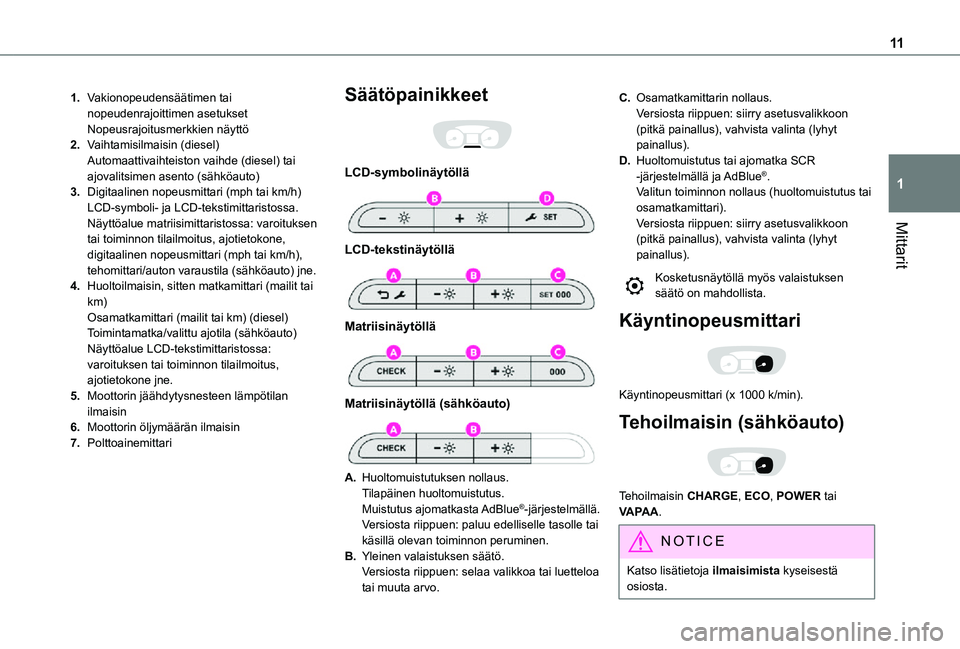 TOYOTA PROACE EV 2021 Omistajan Käsikirja (in Finnish) 11
Mittarit
1
1.Vakionopeudensäätimen tai nopeudenrajoittimen asetuksetNopeusrajoitusmerkkien näyttö
2.Vaihtamisilmaisin (diesel)Automaattivaihteiston vaihde (diesel) tai ajovalitsimen asento (sä TOYOTA PROACE EV 2021 Omistajan Käsikirja (in Finnish) 11
Mittarit
1
1.Vakionopeudensäätimen tai nopeudenrajoittimen asetuksetNopeusrajoitusmerkkien näyttö
2.Vaihtamisilmaisin (diesel)Automaattivaihteiston vaihde (diesel) tai ajovalitsimen asento (sä