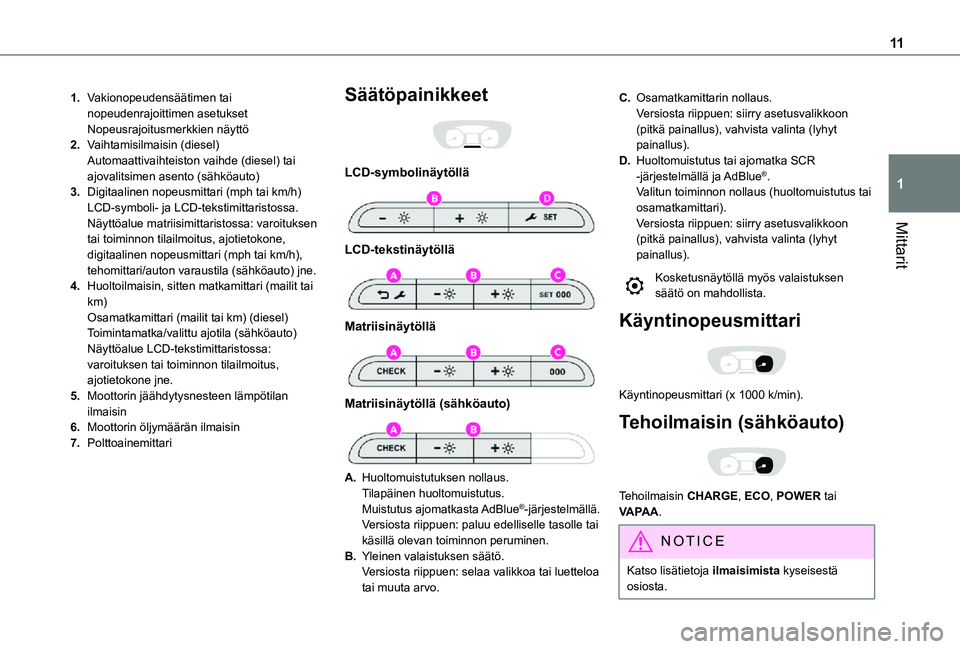 TOYOTA PROACE EV 2021  Omistajan Käsikirja (in Finnish) 11
Mittarit
1
1.Vakionopeudensäätimen tai nopeudenrajoittimen asetuksetNopeusrajoitusmerkkien näyttö
2.Vaihtamisilmaisin (diesel)Automaattivaihteiston vaihde (diesel) tai ajovalitsimen asento (sä