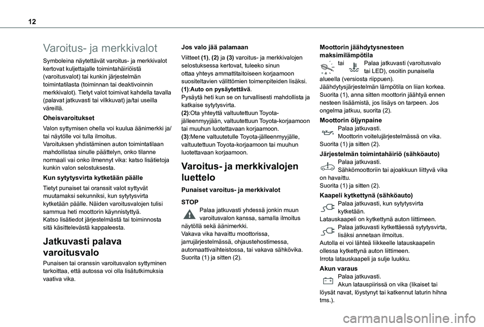 TOYOTA PROACE EV 2021 Omistajan Käsikirja (in Finnish) 12
Varoitus- ja merkkivalot
Symboleina näytettävät varoitus- ja merkkivalot kertovat kuljettajalle toimintahäiriöistä (varoitusvalot) tai kunkin järjestelmän toimintatilasta (toiminnan tai dea TOYOTA PROACE EV 2021 Omistajan Käsikirja (in Finnish) 12
Varoitus- ja merkkivalot
Symboleina näytettävät varoitus- ja merkkivalot kertovat kuljettajalle toimintahäiriöistä (varoitusvalot) tai kunkin järjestelmän toimintatilasta (toiminnan tai dea
