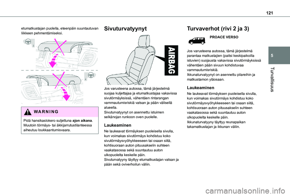 TOYOTA PROACE EV 2021  Omistajan Käsikirja (in Finnish) 121
Turvallisuus
5
etumatkustajan puolella, eteenpäin suuntautuvan liikkeen pehmentämiseksi. 
 
WARNI NG
Pidä hansikaslokero suljettuna ajon aikana. Muutoin törmäys- tai äkkijarrutustilanteessa 