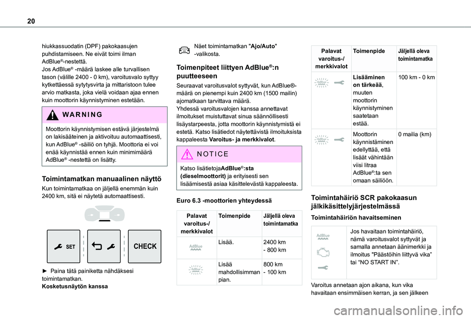 TOYOTA PROACE EV 2021 Omistajan Käsikirja (in Finnish) 20
hiukkassuodatin (DPF) pakokaasujen puhdistamiseen. Ne eivät toimi ilman AdBlue®-nestettä.Jos AdBlue® -määrä laskee alle turvallisen tason (välille 2400 - 0 km), varoitusvalo syttyy kytkett TOYOTA PROACE EV 2021 Omistajan Käsikirja (in Finnish) 20
hiukkassuodatin (DPF) pakokaasujen puhdistamiseen. Ne eivät toimi ilman AdBlue®-nestettä.Jos AdBlue® -määrä laskee alle turvallisen tason (välille 2400 - 0 km), varoitusvalo syttyy kytkett