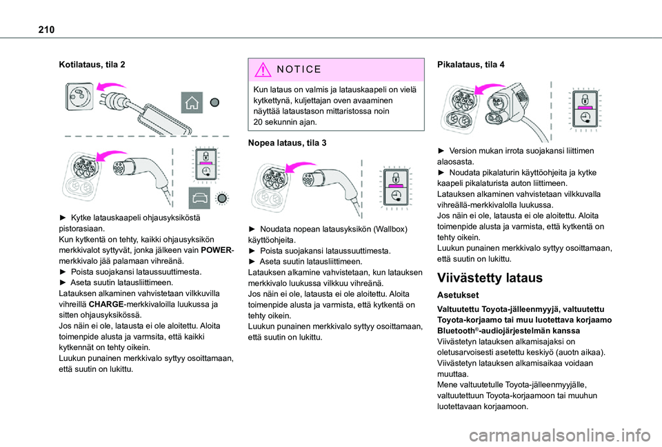 TOYOTA PROACE EV 2021  Omistajan Käsikirja (in Finnish) 210
Kotilataus, tila 2 
  
 
►  Kytke latauskaapeli ohjausyksiköstä pistorasiaan.Kun kytkentä on tehty, kaikki ohjausyksikön merkkivalot syttyvät, jonka jälkeen vain POWER-merkkivalo j