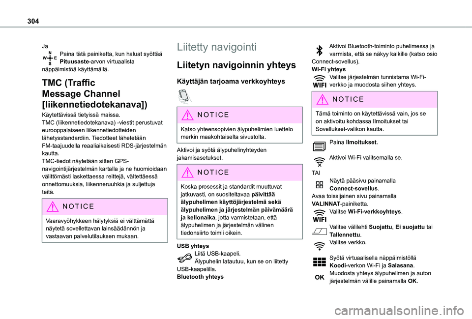 TOYOTA PROACE EV 2021  Omistajan Käsikirja (in Finnish) 304
JaPaina tätä painiketta, kun haluat syöttää Pituusaste-arvon virtuaalista näppäimistöä käyttämällä.
TMC (Traffic 
Message Channel 
[liikennetiedotekanava])
Käytettävissä tietyissä