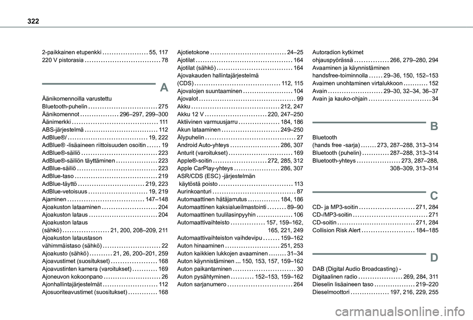 TOYOTA PROACE EV 2021  Omistajan Käsikirja (in Finnish) 322
2-paikkainen etupenkki   55, 11 7220 V pistorasia   78
A
Äänikomennoilla varustettu  Bluetooth-puhelin   275Äänikomennot   296–297, 299–300Äänimerkki   111ABS-järjestelmä   11 2AdBlue