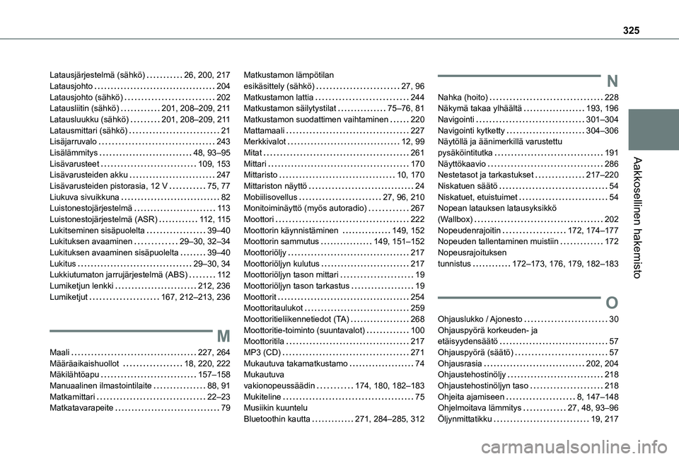 TOYOTA PROACE EV 2021  Omistajan Käsikirja (in Finnish) 325
Aakkosellinen hakemisto
Latausjärjestelmä (sähkö)   26, 200, 217Latausjohto   204Latausjohto (sähkö)   202Latausliitin (sähkö)   201, 208–209, 2 11Latausluukku (sähkö)   201, 208–209