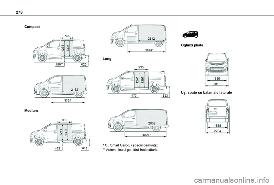 TOYOTA PROACE EV 2021  Manual de utilizare (in Romanian) 278
Compact 
  
 
Medium 
  
 
Long 
  
 
* Cu Smart Cargo, capacul demontat.** Autovehiculul gol, fără încărcătură.
 
 
Oglinzi pliate 
 
Uși spate cu balamale laterale 
    