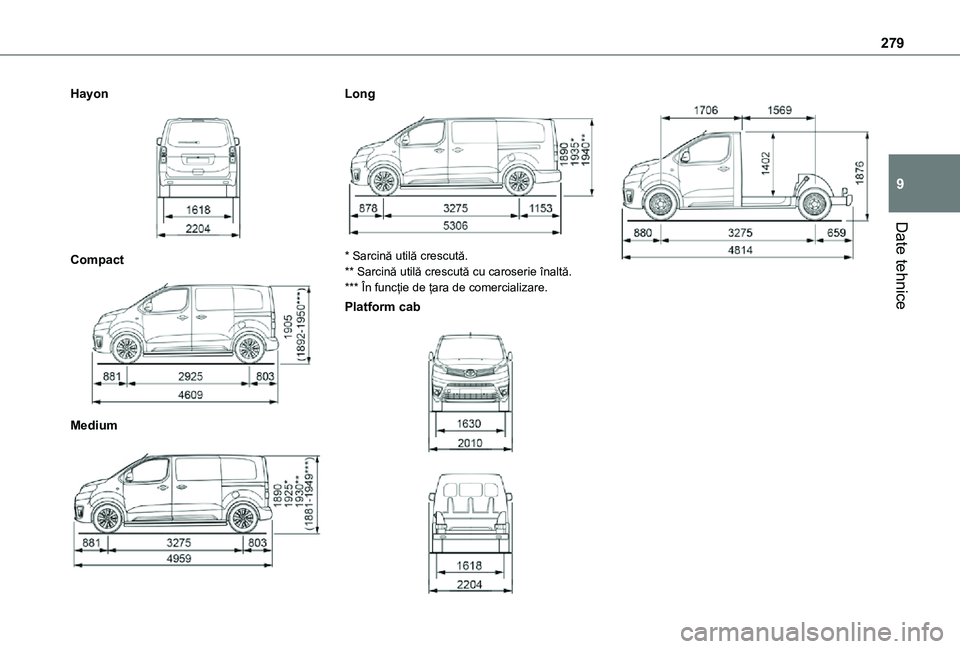 TOYOTA PROACE EV 2021  Manual de utilizare (in Romanian) 279
Date tehnice
9
Hayon 
 
Compact 
 
Medium 
 
Long 
 
* Sarcină utilă crescută.** Sarcină utilă crescută cu caroserie înaltă.*** În funcție de țara de comercializare.
Platform cab 
  
 
