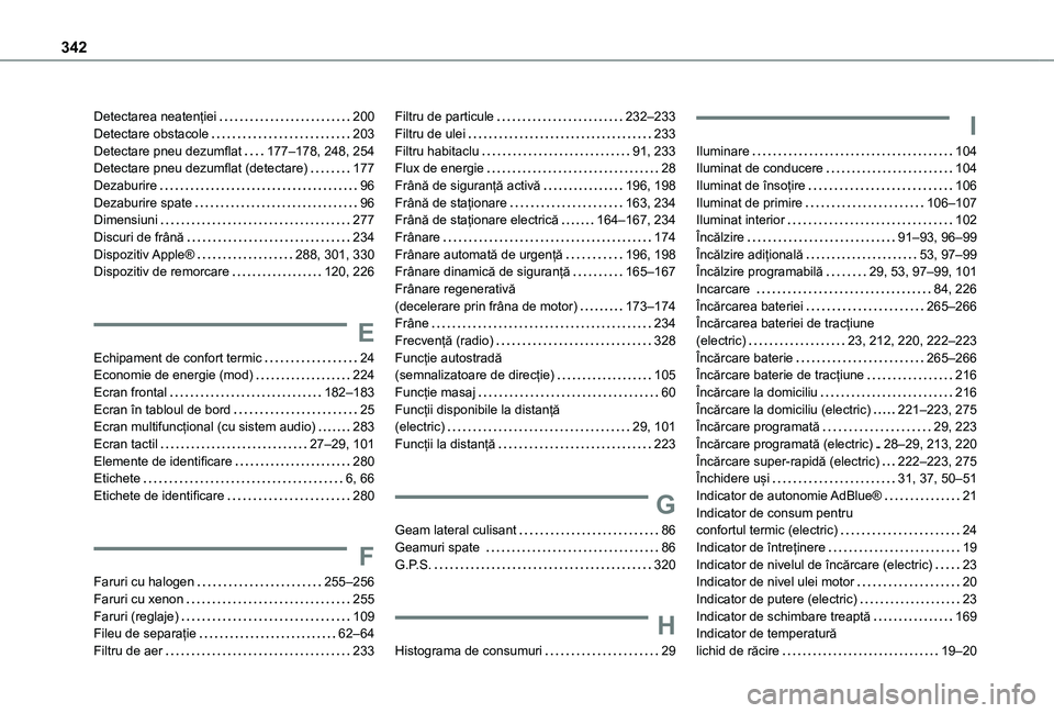 TOYOTA PROACE EV 2021 Manual de utilizare (in Romanian) 342
Detectarea neatenției 200Detectare obstacole 203Detectare pneu dezumflat 177–178, 248, 254Detectare pneu dezumflat (detectare) 177Dezaburire 96Dezaburire spate 96Dimensiuni 277Dis TOYOTA PROACE EV 2021 Manual de utilizare (in Romanian) 342
Detectarea neatenției 200Detectare obstacole 203Detectare pneu dezumflat 177–178, 248, 254Detectare pneu dezumflat (detectare) 177Dezaburire 96Dezaburire spate 96Dimensiuni 277Dis