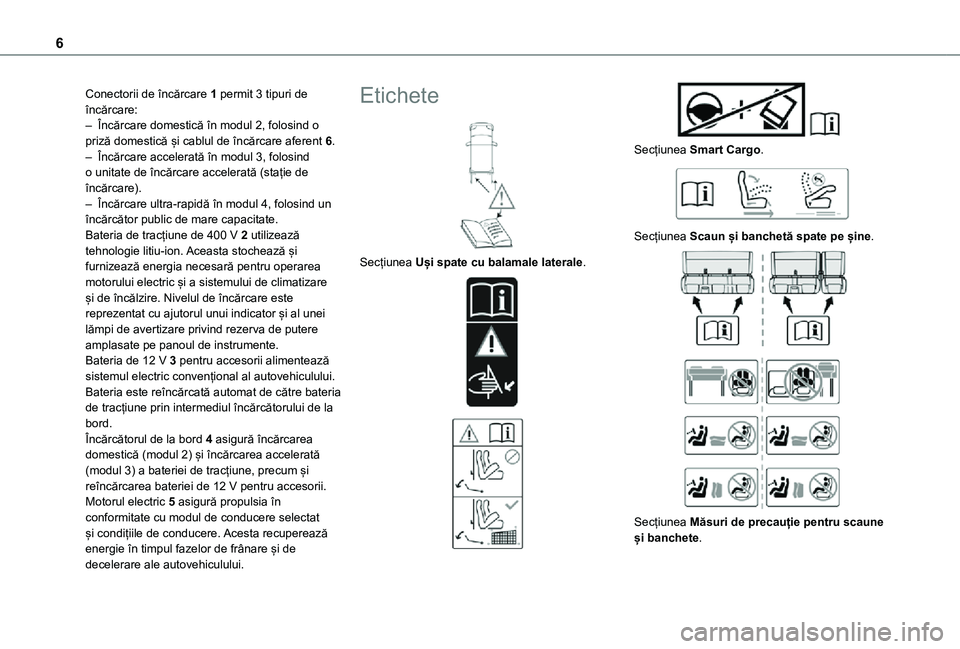 TOYOTA PROACE EV 2021  Manual de utilizare (in Romanian) 6
Conectorii de încărcare 1 permit 3 tipuri de încărcare:– Încărcare domestică în modul 2, folosind o priză domestică și cablul de încărcare aferent 6.– Încărcare accelerată în mo