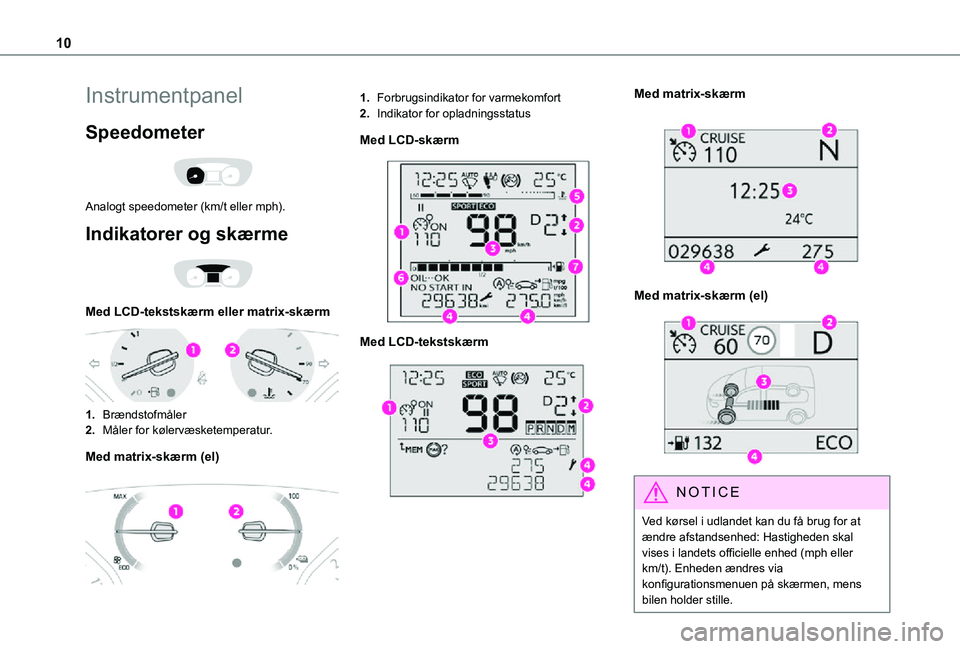 TOYOTA PROACE EV 2021  Brugsanvisning (in Danish) 10
Instrumentpanel
Speedometer 
 
Analogt speedometer (km/t eller mph).
Indikatorer og skærme 
 
Med LCD-tekstskærm eller matrix-skærm 
 
1.Brændstofmåler
2.Måler for kølervæsketemperatur.
Med