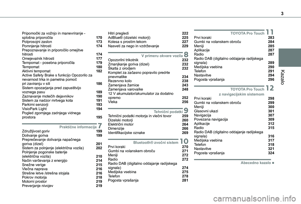 TOYOTA PROACE EV 2021  Navodila Za Uporabo (in Slovenian) 3
Kazalo
Pripomočki za vožnjo in manevriranje -  splošna priporočila   170Polprosojni zaslon   173Pomnjenje hitrosti   174Prepoznavanje in priporočilo omejitve hitrosti   174Omejevalnik hitrosti 