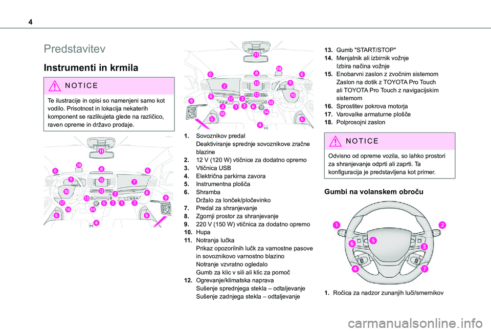 TOYOTA PROACE EV 2021  Navodila Za Uporabo (in Slovenian) 4
Predstavitev
Instrumenti in krmila
NOTIC E
Te ilustracije in opisi so namenjeni samo kot vodilo. Prisotnost in lokacija nekaterih komponent se razlikujeta glede na različico, 
raven opreme in drža