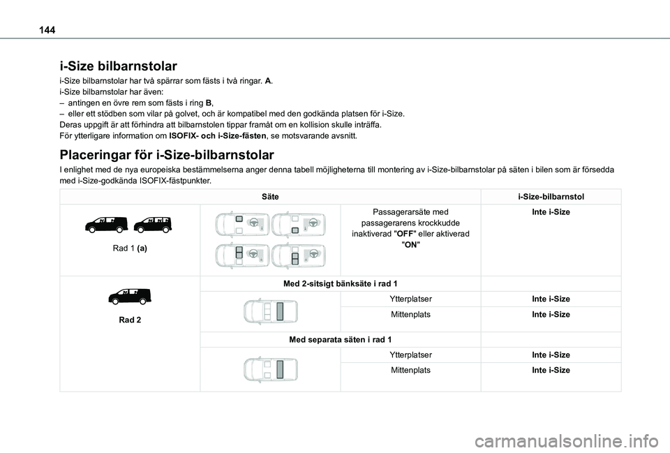 TOYOTA PROACE EV 2021 Bruksanvisningar (in Swedish) 144
i-Size bilbarnstolar
i-Size bilbarnstolar har två spärrar som fästs i två ringar. A.i-Size bilbarnstolar har även:– antingen en övre rem som fästs i ring B,– eller ett stödben som vila TOYOTA PROACE EV 2021 Bruksanvisningar (in Swedish) 144
i-Size bilbarnstolar
i-Size bilbarnstolar har två spärrar som fästs i två ringar. A.i-Size bilbarnstolar har även:– antingen en övre rem som fästs i ring B,– eller ett stödben som vila