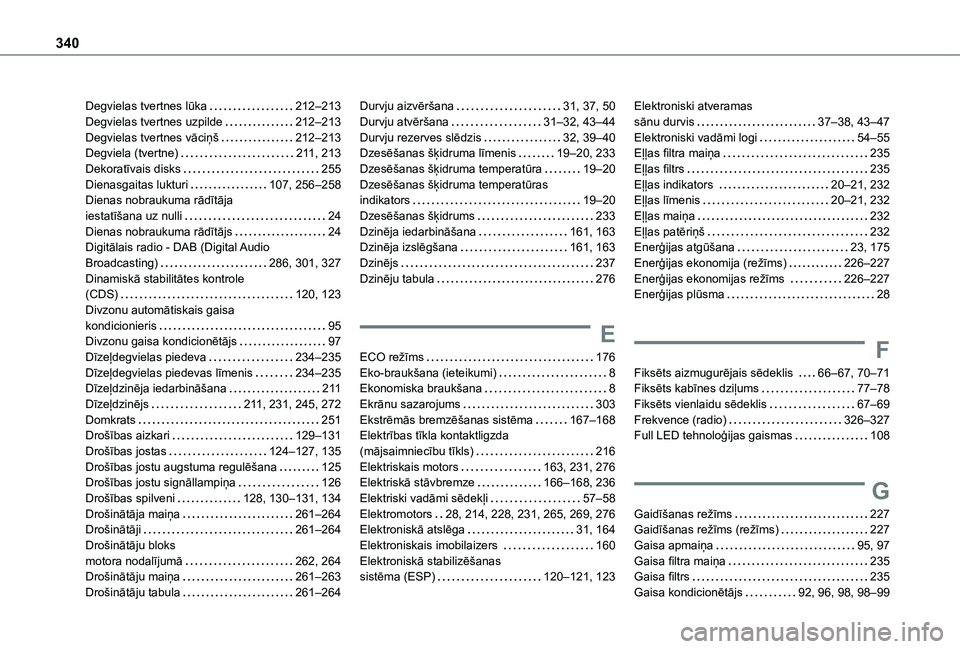 TOYOTA PROACE EV 2021 Lietošanas Instrukcija (in Latvian) 340
Degvielas tvertnes lūka 212–213Degvielas tvertnes uzpilde 212–213Degvielas tvertnes vāciņš 212–213Degviela (tvertne) 2 11, 213Dekoratīvais disks 255Dienasgaitas lukturi 107, TOYOTA PROACE EV 2021 Lietošanas Instrukcija (in Latvian) 340
Degvielas tvertnes lūka 212–213Degvielas tvertnes uzpilde 212–213Degvielas tvertnes vāciņš 212–213Degviela (tvertne) 2 11, 213Dekoratīvais disks 255Dienasgaitas lukturi 107,