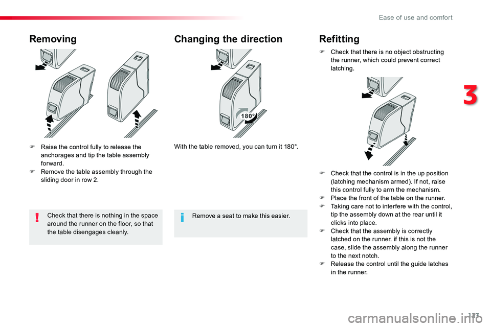 TOYOTA PROACE VERSO 2018  Owners Manual 123
F Raise the control fully to release the anchorages and tip the table assembly forward.F Remove the table assembly through the sliding door in row 2.
RemovingChanging the direction
With the table 